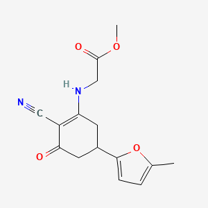 molecular formula C15H16N2O4 B1456740 methyl N-[2-cyano-5-(5-methyl-2-furyl)-3-oxocyclohex-1-en-1-yl]glycinate CAS No. 1428139-29-0