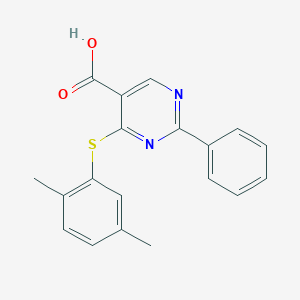molecular formula C19H16N2O2S B1457900 4-[(2,5-二甲基苯基)硫基]-2-苯基嘧啶-5-羧酸 CAS No. 1797376-50-1