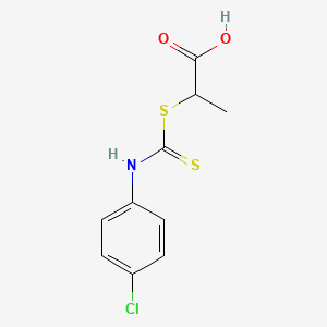 molecular formula C10H10ClNO2S2 B14625788 Propanoicacid, 2-[[[(4-chlorophenyl)amino]thioxomethyl]thio]- CAS No. 57223-75-3
