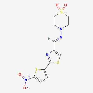 molecular formula C12H12N4O4S3 B14625998 N-((2-(5-Nitro-2-thienyl)-4-thiazolyl)methylene)-4-thiomorpholinamine 1,1-dioxide CAS No. 56527-68-5