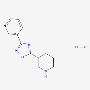 molecular formula C12H15ClN4O B1462901 3-[5-(3-Piperidinyl)-1,2,4-oxadiazol-3-yl]pyridine hydrochloride CAS No. 1185296-23-4