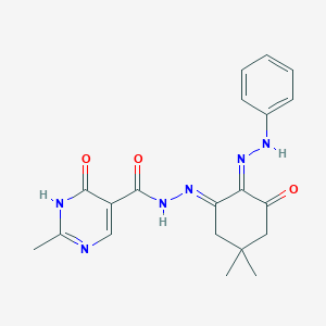 molecular formula C20H22N6O3 B14652830 Cyclohexanone, 5,5-dimethyl-3-((4-hydroxy-3-methyl-5-pyrimidinyl)carbonyl)hydrazono-2-(phenylhydrazono)- CAS No. 40640-54-8