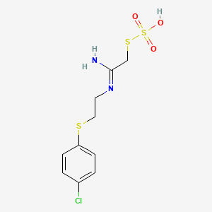 molecular formula C10H13ClN2O3S3 B14660724 Methanethiol, N-(2-(p-chlorophenylthio)ethyl)amidino-, hydrogen sulfate (ester) CAS No. 40283-99-6
