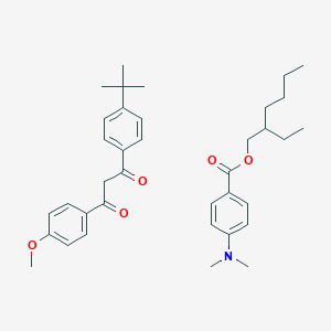 molecular formula C37H49NO5 B146655 2-Ethylhexyl 4-dimethylaminobenzoate; 1-(4-methoxyphenyl)-3-(4-tert-butylphenyl)propane-1,3-dione CAS No. 132316-35-9