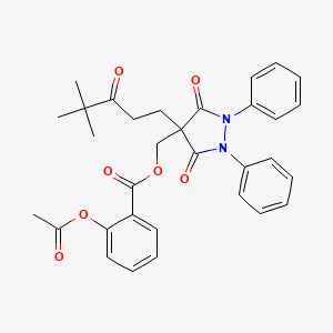 molecular formula C32H32N2O7 B14666106 Benzoic acid, 2-(acetyloxy)-, (4-(4,4-dimethyl-3-oxopentyl)-3,5-dioxo-1,2-diphenyl-4-pyrazolidinyl)methyl ester CAS No. 43213-37-2