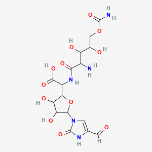 molecular formula C16H23N5O12 B14669763 Allofuranuronic acid, 5-((2-amino-5-O-(aminocarbonyl)-2-deoxy-L-xylonamino)-1,5-dideoxy-1-(4-formyl-2,3-dihydro-2-oxo-1H-imidazol-1-yl)-, beta-D- CAS No. 37362-29-1