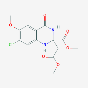 molecular formula C14H15ClN2O6 B14673261 Methyl 7-chloro-6-methoxy-2-(2-methoxy-2-oxoethyl)-4-oxo-1,2,3,4-tetrahydroquinazoline-2-carboxylate CAS No. 34803-92-4