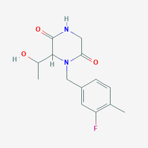 molecular formula C14H17FN2O3 B1468191 1-(3-Fluoro-4-methylbenzyl)-6-(1-hydroxyethyl)-2,5-piperazinedione CAS No. 1353496-81-7