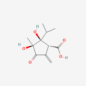 molecular formula C11H16O5 B14683890 Cyclopentanecarboxylic acid, 2,3-dihydroxy-2-isopropyl-3-methyl-5-methylene-4-oxo-, (+)- CAS No. 28413-93-6