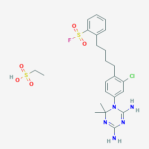 molecular formula C23H31ClFN5O5S2 B14687590 2-[4-[2-Chloro-4-(4,6-diamino-2,2-dimethyl-1,3,5-triazin-1-yl)phenyl]butyl]benzenesulfonyl fluoride;ethanesulfonic acid CAS No. 31368-52-2