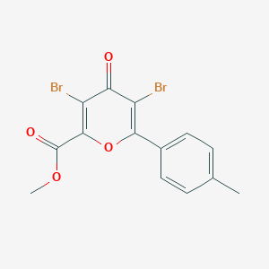 molecular formula C14H10Br2O4 B146925 4H-Pyran-2-carboxylic acid, 3,5-dibromo-6-(4-methylphenyl)-4-oxo-, methyl ester CAS No. 139266-56-1