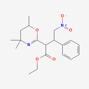molecular formula C19H26N2O5 B14695295 Ethyl 4-nitro-3-phenyl-2-(4,4,6-trimethyl-5,6-dihydro-4h-1,3-oxazin-2-yl)butanoate CAS No. 34579-29-8