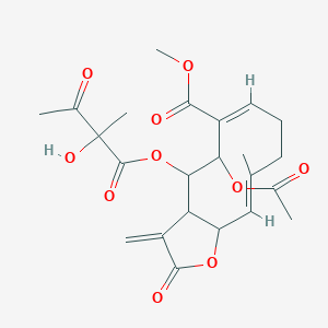 molecular formula C23H28O10 B14695698 methyl (6E,10E)-5-acetyloxy-4-(2-hydroxy-2-methyl-3-oxobutanoyl)oxy-10-methyl-3-methylidene-2-oxo-3a,4,5,8,9,11a-hexahydrocyclodeca[b]furan-6-carboxylate CAS No. 24728-11-8