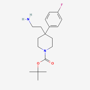 molecular formula C18H27FN2O2 B1469618 tert-Butyl 4-(2-aminoethyl)-4-(4-fluorophenyl)-1-piperidinecarboxylate CAS No. 1822843-55-9