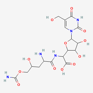 molecular formula C17H25N5O12 B14701119 Allofuranuronic acid, 5-(2-amino-2,3-dideoxy-L-erythro-pentonamido)-1,5-dideoxy-1-(3,4-dihydro-5-(hydroxymethyl)-2,4-dioxo-1(2H)-pyrimidinyl)-, monocarbamate (ester), beta-D- CAS No. 22976-88-1