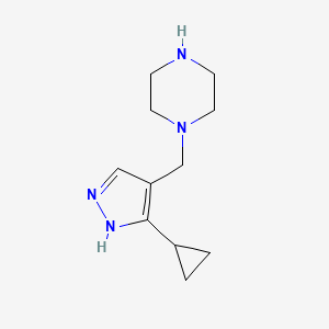 molecular formula C11H18N4 B1470249 1-((3-cyclopropyl-1H-pyrazol-4-yl)methyl)piperazine CAS No. 1542564-47-5