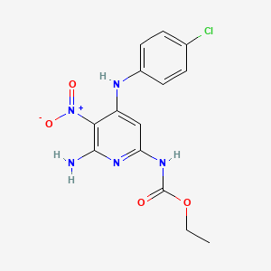 molecular formula C14H14ClN5O4 B14706278 Ethyl 6-amino-4-[p-chloroanilino]-5-nitro-2-pyridincarbamate CAS No. 21271-60-3