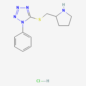 molecular formula C12H16ClN5S B1470890 1-phenyl-5-[(pyrrolidin-2-ylmethyl)sulfanyl]-1H-1,2,3,4-tetrazole hydrochloride CAS No. 1864062-44-1