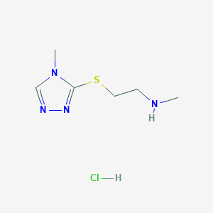 molecular formula C6H13ClN4S B1471413 N-methyl-2-((4-methyl-4H-1,2,4-triazol-3-yl)thio)ethan-1-amine hydrochloride CAS No. 1864053-32-6