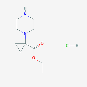 molecular formula C10H19ClN2O2 B1472712 Ethyl 1-(piperazin-1-yl)cyclopropanecarboxylate hydrochloride CAS No. 1629089-23-1