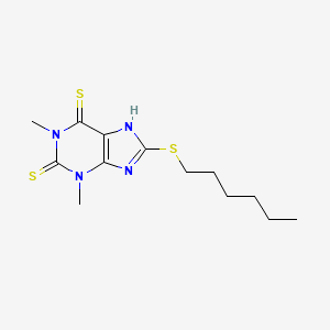molecular formula C13H20N4S3 B14733011 Theophylline, 8-(hexylthio)dithio- CAS No. 6466-22-4