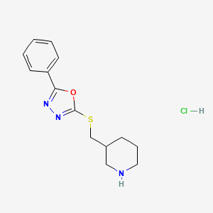 molecular formula C14H18ClN3OS B1473351 3-{[(5-Phenyl-1,3,4-oxadiazol-2-yl)sulfanyl]methyl}piperidine hydrochloride CAS No. 1864073-35-7