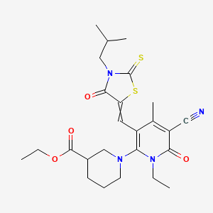 molecular formula C25H32N4O4S2 B14735473 Ethyl 1-[5-cyano-1-ethyl-4-methyl-3-[[3-(2-methylpropyl)-4-oxo-2-sulfanylidene-1,3-thiazolidin-5-ylidene]methyl]-6-oxopyridin-2-yl]piperidine-3-carboxylate CAS No. 7063-75-4