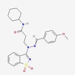 molecular formula C24H28N4O4S B14739071 N-Cyclohexyl-3-{1-(1,1-dioxo-1H-1lambda~6~,2-benzothiazol-3-yl)-2-[(4-methoxyphenyl)methylidene]hydrazinyl}propanamide CAS No. 5842-60-4