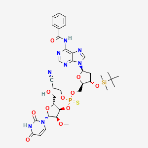 molecular formula C36H47N8O11PSSi B14755230 O-(((2R,3S,5R)-5-(6-Benzamido-9H-purin-9-yl)-3-((tert-butyldimethylsilyl)oxy)tetrahydrofuran-2-yl)methyl) O-(2-cyanoethyl) O-((2R,3R,4R,5R)-5-(2,4-dioxo-3,4-dihydropyrimidin-1(2H)-yl)-2-(hydroxymethyl)-4-methoxytetrahydrofuran-3-yl) phosphorothioate 