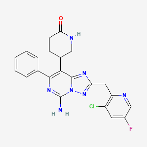 molecular formula C22H19ClFN7O B14756693 5-[5-Amino-2-[(3-chloro-5-fluoropyridin-2-yl)methyl]-7-phenyl-[1,2,4]triazolo[1,5-c]pyrimidin-8-yl]piperidin-2-one 