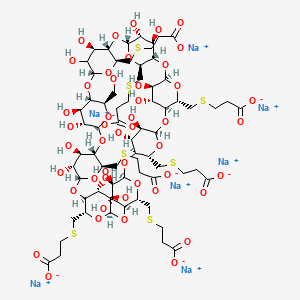 molecular formula C69H101Na7O47S7 B14767063 heptasodium;3-[[(1S,3S,5S,6S,8S,10S,11S,13S,15S,16S,18S,20S,21S,23S,25S,26S,28S,30S,31S,33S,35S,36S,38R,40R,41R,42R,43R,44R,45R,46R,47R,48R,49R,50R,51R,52R,53R,54R,55R)-5,10,15,20,25,30-hexakis(2-carboxylatoethylsulfanylmethyl)-41,42,43,44,45,46,47,48,49,50,51,52,53,54,55,56-hexadecahydroxy-40-(hydroxymethyl)-2,4,7,9,12,14,17,19,22,24,27,29,32,34,37,39-hexadecaoxanonacyclo[36.2.2.23,6.28,11.213,16.218,21.223,26.228,31.233,36]hexapentacontan-35-yl]methylsulfanyl]propanoate 