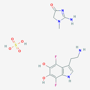 molecular formula C14H19F2N5O7S B147787 3-(2-aminoethyl)-4,7-difluoro-1H-indole-5,6-diol;2-amino-3-methyl-4H-imidazol-5-one;sulfuric acid CAS No. 133983-26-3