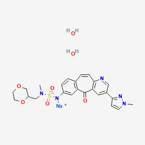 molecular formula C24H28N5NaO7S B14788502 sodium;[1,4-dioxan-2-ylmethyl(methyl)sulfamoyl]-[5-(1-methylpyrazol-3-yl)-2-oxo-7-azatricyclo[9.4.0.03,8]pentadeca-1(11),3(8),4,6,9,12,14-heptaen-14-yl]azanide;dihydrate 