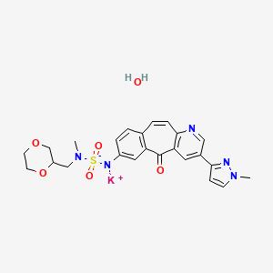 molecular formula C24H26KN5O6S B14789678 potassium;[1,4-dioxan-2-ylmethyl(methyl)sulfamoyl]-[5-(1-methylpyrazol-3-yl)-2-oxo-7-azatricyclo[9.4.0.03,8]pentadeca-1(11),3(8),4,6,9,12,14-heptaen-14-yl]azanide;hydrate 