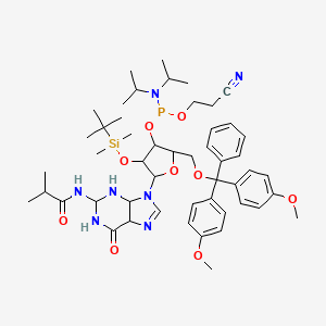 molecular formula C50H72N7O9PSi B14791040 N-[9-[5-[[bis(4-methoxyphenyl)-phenylmethoxy]methyl]-3-[tert-butyl(dimethyl)silyl]oxy-4-[2-cyanoethoxy-[di(propan-2-yl)amino]phosphanyl]oxyoxolan-2-yl]-6-oxo-2,3,4,5-tetrahydro-1H-purin-2-yl]-2-methylpropanamide 