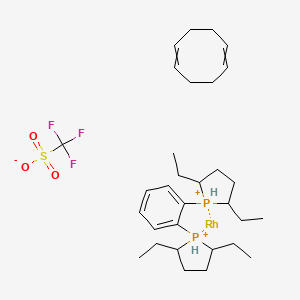 molecular formula C31H50F3O3P2RhS+ B14791175 Cycloocta-1,5-diene;1-[2-(2,5-diethylphospholan-1-ium-1-yl)phenyl]-2,5-diethylphospholan-1-ium;rhodium;trifluoromethanesulfonate 