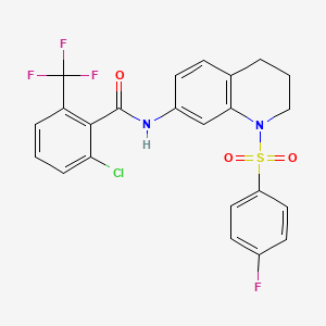 molecular formula C23H17ClF4N2O3S B14793818 Benzamide, 2-chloro-N-[1-[(4-fluorophenyl)sulfonyl]-1,2,3,4-tetrahydro-7-quinolinyl]-6-(trifluoromethyl)- 