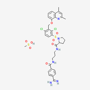 molecular formula C35H40Cl2N6O8S2 B14794419 N-(3-(4-Carbamimidoylbenzamido)propyl)-1-((2,4-dichloro-3-(((2,4-dimethylquinolin-8-yl)oxy)methyl)phenyl)sulfonyl)pyrrolidine-2-carboxamide methanesulfonate 