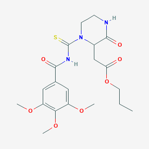 molecular formula C20H27N3O7S B14795417 Propyl (3-oxo-1-{[(3,4,5-trimethoxyphenyl)carbonyl]carbamothioyl}piperazin-2-yl)acetate 