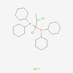 molecular formula C27H48Cl2P2Pd+2 B14800327 Dicyclohexyl-(1,2-dichloro-1-dicyclohexylphosphanylpropyl)phosphane;palladium(2+) 