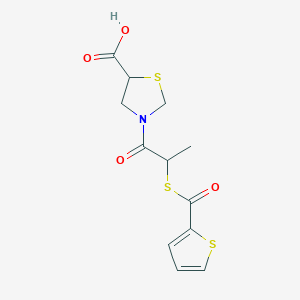 molecular formula C12H13NO4S3 B14801124 3-[2-(Thiophene-2-carbonylsulfanyl)propanoyl]-1,3-thiazolidine-5-carboxylic acid 