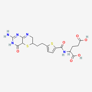 molecular formula C18H21N5O6S2 B14801657 N-{5-[2-(2-Amino-4-oxo-4,4a,6,7-tetrahydro-1H-pyrimido[5,4-b][1,4]thiazin-6-yl)ethyl]thiophene-2-carbonyl}glutamic acid 
