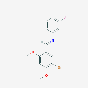 molecular formula C16H15BrFNO2 B14814680 N-[(E)-(5-bromo-2,4-dimethoxyphenyl)methylidene]-3-fluoro-4-methylaniline 