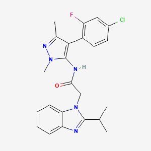 molecular formula C23H23ClFN5O B14820370 N-(4-(4-Chloro-2-fluorophenyl)-1,3-dimethyl-1H-pyrazol-5-yl)-2-(2-isopropyl-1H-benzo[d]imidazol-1-yl)acetamide 