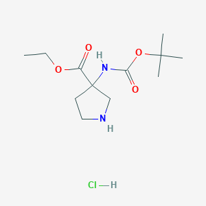 molecular formula C12H23ClN2O4 B1486236 Ethyl 3-[(tert-butoxycarbonyl)amino]-3-pyrrolidinecarboxylate hydrochloride CAS No. 2204959-10-2