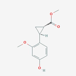 molecular formula C12H14O4 B1486285 2-(4-Hydroxy-2-methoxyphenyl)-trans-cyclopropanecarboxylic acid methyl ester CAS No. 1502023-76-8