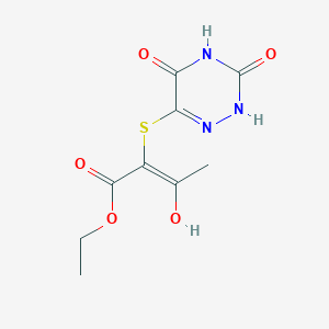 molecular formula C9H11N3O5S B14874748 ethyl (2E)-2-[(3,5-dihydroxy-1,2,4-triazin-6-yl)sulfanyl]-3-hydroxybut-2-enoate 