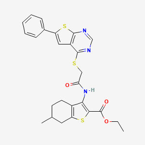 molecular formula C26H25N3O3S3 B14877124 Ethyl 6-methyl-3-(2-((6-phenylthieno[2,3-d]pyrimidin-4-yl)thio)acetamido)-4,5,6,7-tetrahydrobenzo[b]thiophene-2-carboxylate 