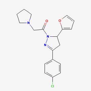 molecular formula C19H20ClN3O2 B14880046 1-(3-(4-chlorophenyl)-5-(furan-2-yl)-4,5-dihydro-1H-pyrazol-1-yl)-2-(pyrrolidin-1-yl)ethanone 
