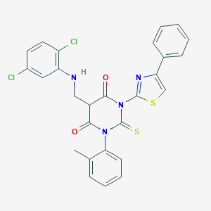 molecular formula C27H20Cl2N4O2S2 B149093 5-[(2,5-Dichloroanilino)methyl]-1-(2-methylphenyl)-3-(4-phenyl-1,3-thiazol-2-yl)-2-sulfanylidene-1,3-diazinane-4,6-dione CAS No. 139356-80-2